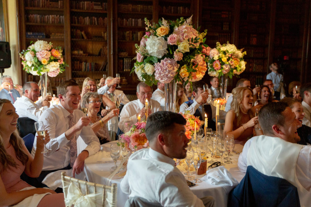 83 reception dinner guests toast bride groom the elvetham hartley wintney hampshire oxfordshire wedding photographers